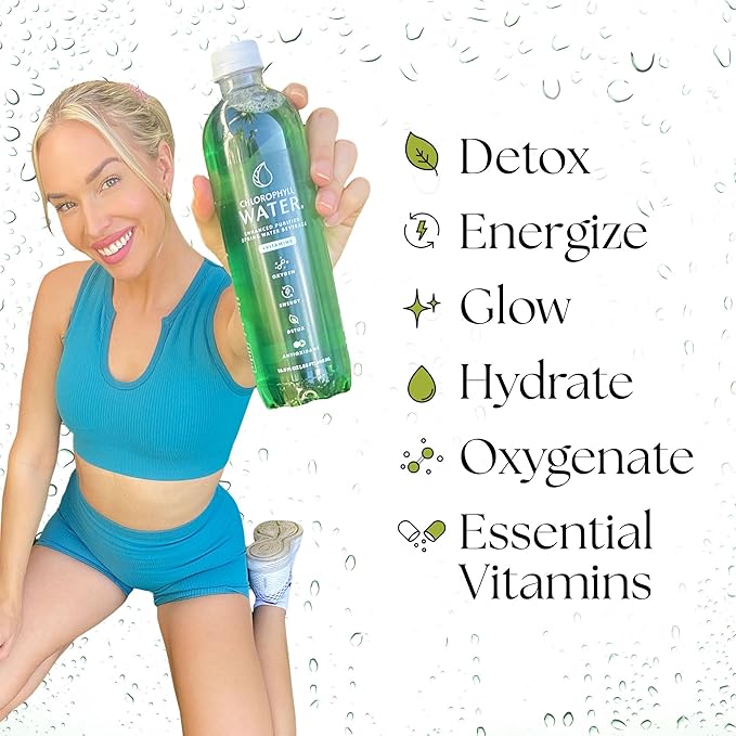 Chlorophyll Water (12-pack) Liquid Chlorophyll Drops in Purified Water Bottles For Glowing Skin Energy and Detox Vitamins A B12 C D3 Clean Label Certified Plant-Based Vitamin Water (16.9oz)