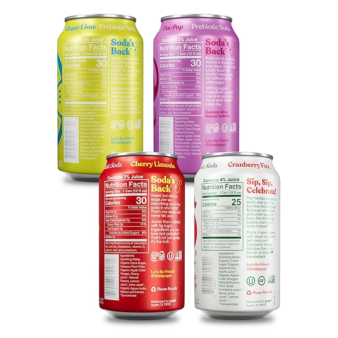 POPPI Sparkling Prebiotic Soda Beverages w/Apple Cider Vinegar Seltzer Water &amp Fruit Juice Holiday Variety Pack 12oz (12 Pack)