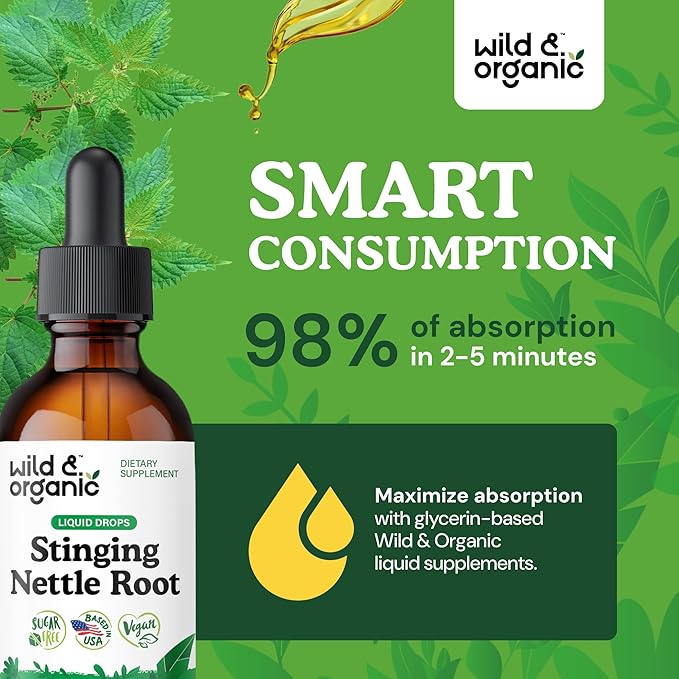 Wild &amp Organic Stinging Nettle Root Drops - Stinging Nettle Extract Tincture for Men &amp Women - Liquid Urtica Dioica Supplement - Vegan Sugar &amp Alcohol-Free - 2 fl oz
