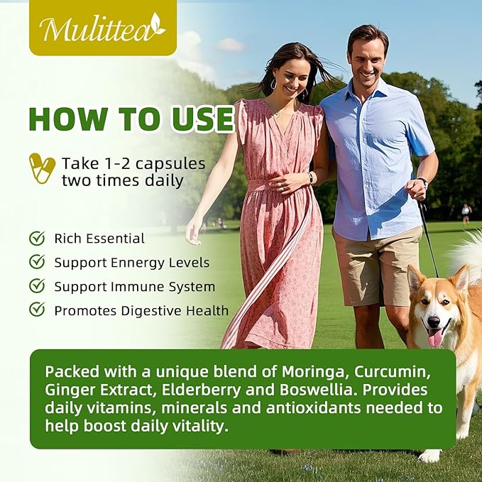 Moringa Capsules Organic 1000mg 7-in-1 Superfood with Turmeric Ginger Elderberry Licorice &amp Boswellia - Support Immune Skin Gut &amp Antioxidant-Non-GMO GMP 120 Vegan Capsules-2 Packs