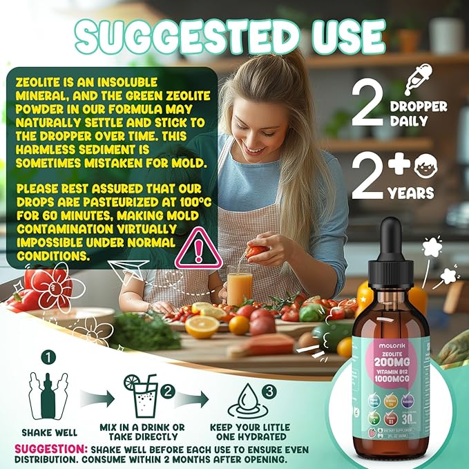 Zeolite Detox for Kids and Adults 200mg Zeolite Liquid Drops with 1000mcg Vitamin B12 Organic Chlorella 10 billion CFU &amp Prebiotics for Gut Support &amp Speech Immune Bone Energy* Strawber
