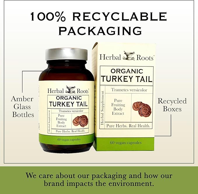Herbal Roots Organic Turkey Tail Mushroom Supplement - Fruiting Bodies Extract - Immune Support - 60 Vegan Non GMO Capsules