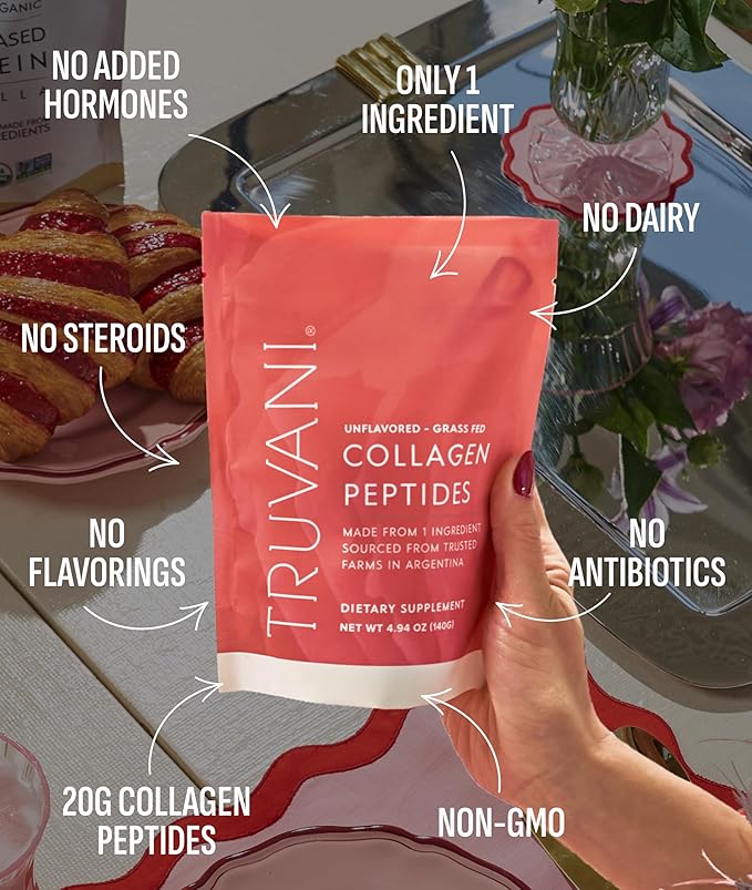 Truvani Hydrolyzed Collagen Peptides | Unflavored | 28 Servings | 20g Grass-Fed Collagen Protein Powder | Promotes Hair Skin and Nail Health | Dairy &amp Gluten Free | Women &amp Men | Package May