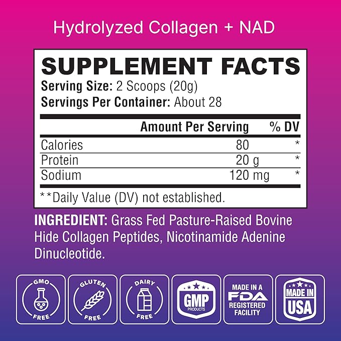 Hydrolyzed Collagen Peptides with NAD – Supports Hair Skin Nails Joints &amp Bones – Type I &amp III Collagen – Grass-Fed Unflavored Powder