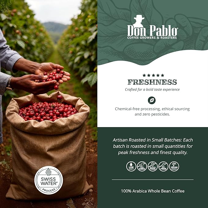 Don Pablo Colombian Decaf - Limited Edition Dark Roast Gourmet Coffee Swiss Water Process Decaf 100% Arabica Whole Bean Non-GMO Low Acidity 2 Pound (2 lb) Bag