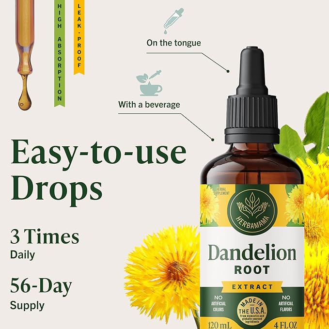 HERBAMAMA Dandelion Drops - Vegan Liver Cleanse with Dandelion Root Extract - Non-GMO Alcohol &amp Sugar-Free Liquid Liver Support Supplement - 56-Day Supply