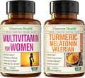Women's Multivitamin + Turmeric Melatonin Valerian Bundle. Joint Support and Cartilage Comfort Healthy Immune Response and Inflammatory Balance