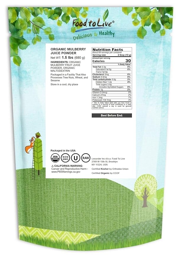 Food to Live Organic Mulberry Fruit Powder 1.5 Pounds - Non-GMO from Raw Dried Berries Unsulfured Vegan Bulk Great for Baking Juices Smoothies Yogurts Contains Maltodextrin No Sulphites