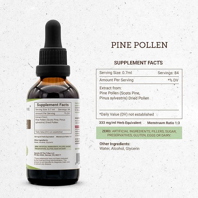 Secrets of the Tribe Pine Pollen Testosterone Tincture Alcohol Liquid Extract Wildcrafted Pine Pollen (Scots Pine Pinus sylvestris) Dried Pollen (2 FL OZ)