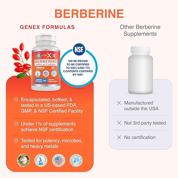 Genex Formulas Berberine HCl 500mg (90 Capsules) - NSF Certified for Safety Quality &amp Label Accuracy - Supports Immune Health - Non-GMO Gluten Free Vegetarian