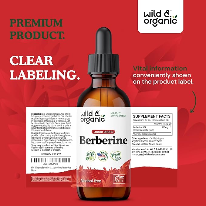 Wild &amp Organic Berberine Liquid Drops - 500mg Berberine Supplement HCL for Overall Support - Natural Extract Tincture - Vegan Alcohol &amp Sugar-Free - 2 fl oz
