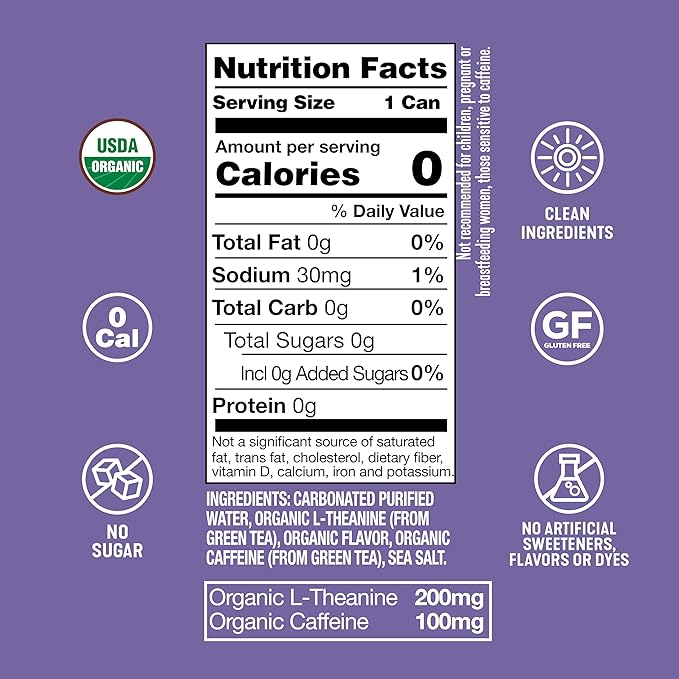 ARDOR ENERGY Sparkling Water with 100mg Natural Caffeine &amp 200mg L-Theanine from Organic Green Tea for Smooth Energy &amp Focus | Healthy Energy Drink | No Sugar Zero Calories Vegan Gluten-Fre