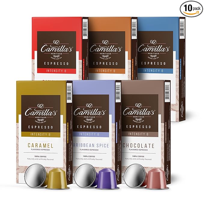 Camilla’s Heritage - Intensity 8 Flavored Espresso Coffee Variety Pack (Caribbean Spice Cinnamon Hazelnut Chocolate Caramel &amp Vanilla Espresso Cups) 60 Coffee Pods