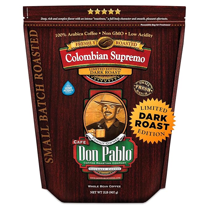 Don Pablo Colombian Supremo - Limited Edition Dark Roast Gourmet Coffee 100% Arabica Whole Bean Non-GMO Low Acidity 2 Pound (2 lb) Bag