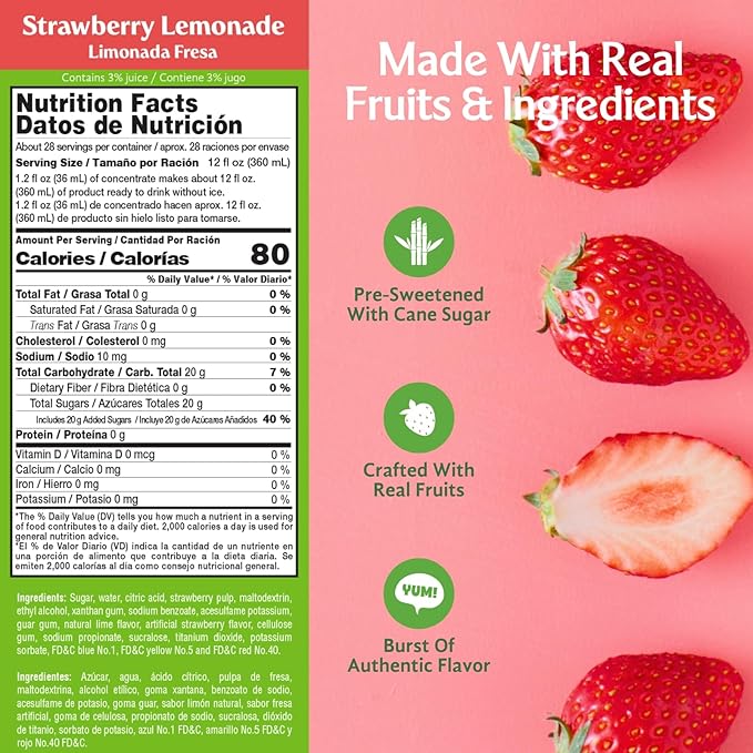Frutiva Authentic Strawberry Lemonade Drink Mix | Made in Mexico with Cane Sugar | Aguas Frescas Concentrate Makes 2.6 Gallons Per Bottle | No High Fructose Corn Syrup | Perfect for Drinks Desserts &