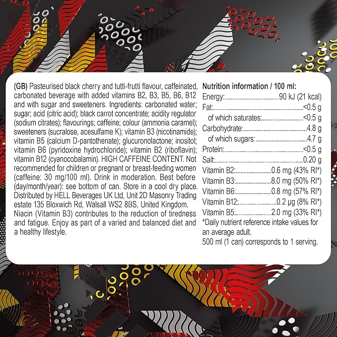HELL BLACK CHERRY Energy Drink | +20% More Caffeine | Vitamins B2 B3 B6 B12 C &amp D | No Preservatives | Environmentally Friendly Packaging | 12 x 500 ml | Compatible with HELL Energy