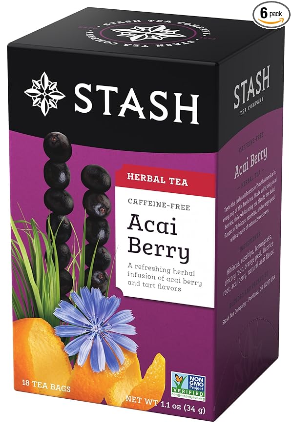 Stash Tea Acai Berry Herbal Tea - Naturally Caffeine Free Non-GMO Project Verified Premium Tea with No Artificial Ingredients 18 Count (Pack of 6) - 108 Bags Total