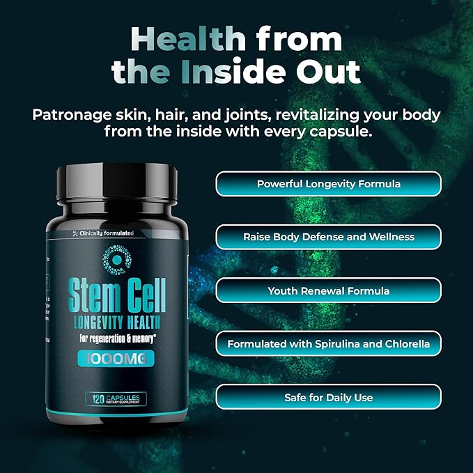 Premium Stem Cell Supplements 1000mg (120 Caps) Boost Immunity Reduce Joint Soreness Support Natural Anti-Aging &amp Longevity with Spirulina &amp Chlorella for Vitality Celulas Madre Health For