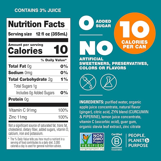 ZYN Turmeric Wellness Drink (24 Pack) Lemon Ginger Flavored Turmeric Curcumin with Black Pepper No Added Sugar Low Carb &amp Low Calorie Clean Alternative
