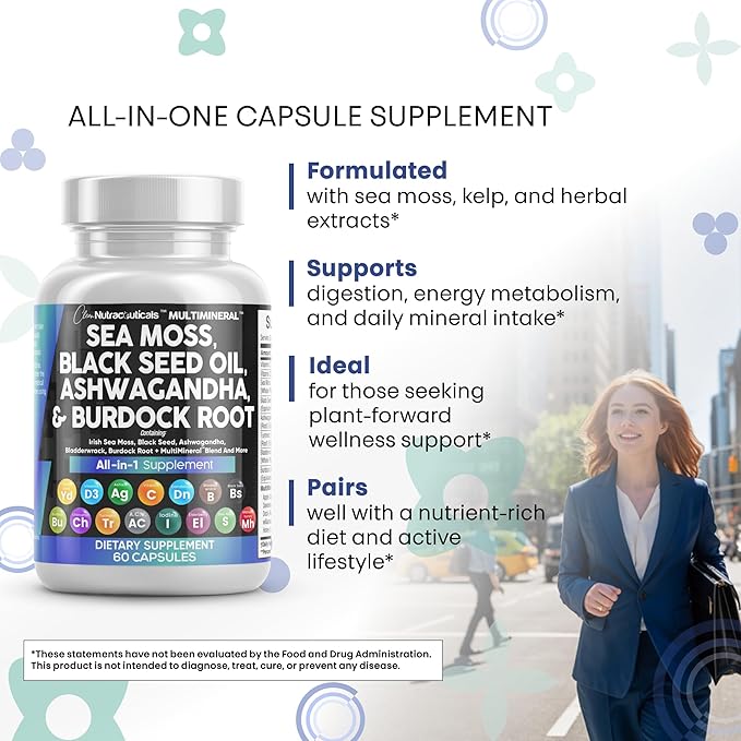 Clean Nutraceuticals Sea Moss Black Seed Oil Ashwagandha Turmeric Bladderwrack Burdock &amp Vitamin C Vitamin D3 with Elderberry Manuka Dandelion Yellow Dock Iodine Chlorophyll ACV - 2Pack