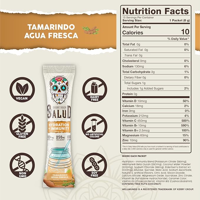 Salud 2-in-1 Hydration Packets + Immunity Electrolytes Powder Tamarindo - Agua Fresca Drink Mix Elderberry Dairy &amp Soy Free Non-GMO Gluten Free Vegan Low Calorie 1g Sugar (15 Servings)
