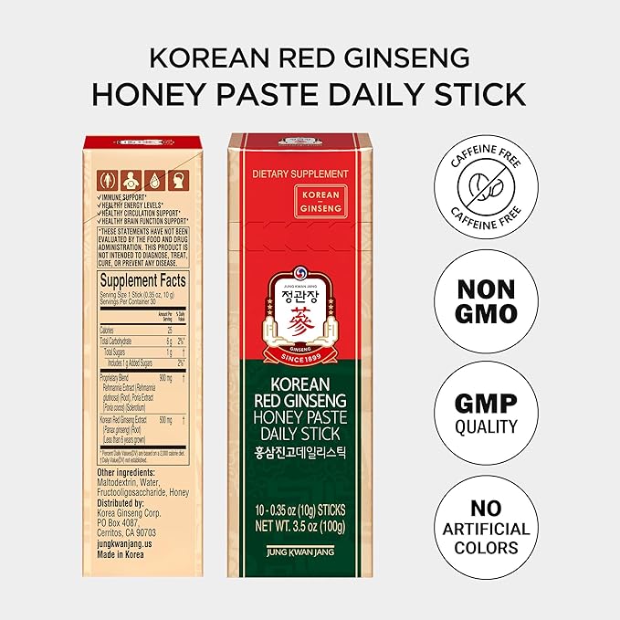 JUNG KWAN JANG Korean Red Ginseng Honey Paste Daily Stick | Poria Mushroom Rehmannia Extract Hong Sam Jin Go Daily | Natural Energy Booster for Men &amp Women Pre Workout | 30 Count