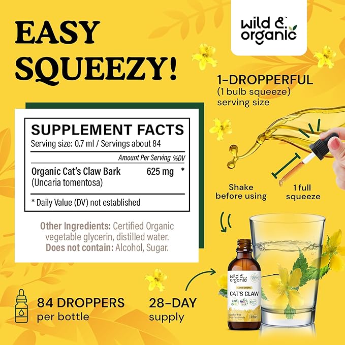 Wild &amp Organic Cats Claw Herb Supplement - Immune Support - Cats Claw Bark Tincture - Add to Tea Liquid Drops - Uncaria Tomentosa Extract - Vegan Sugar &amp Alcohol-Free - 2 fl oz
