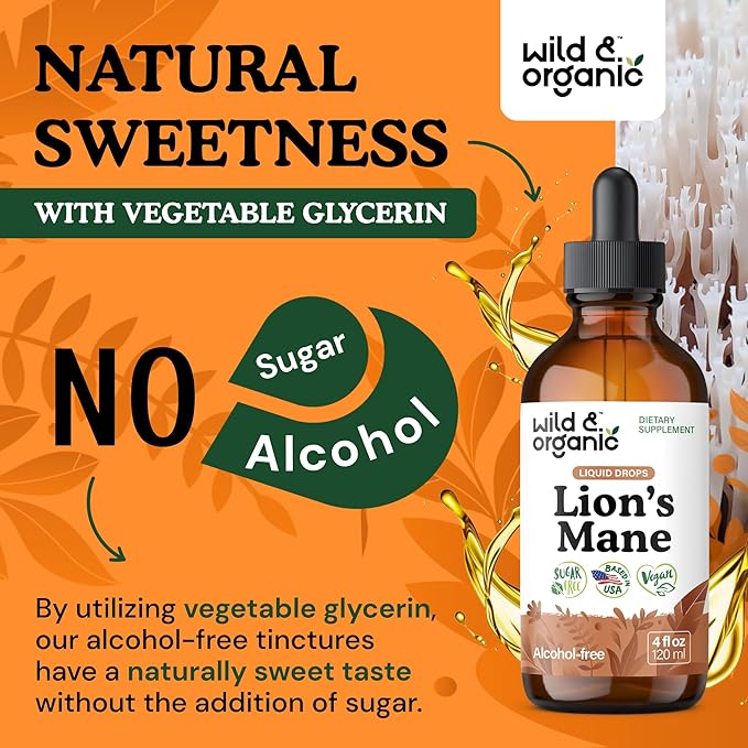 Wild &amp Organic Lions Mane Liquid Drops - Brain &amp Focus Support - 84-Day Supply - Lion's Mane Mushroom Supplement - Hericium Erinaceus Mushroom Drops - Sugar &amp Alcohol-Free Extract Tincture