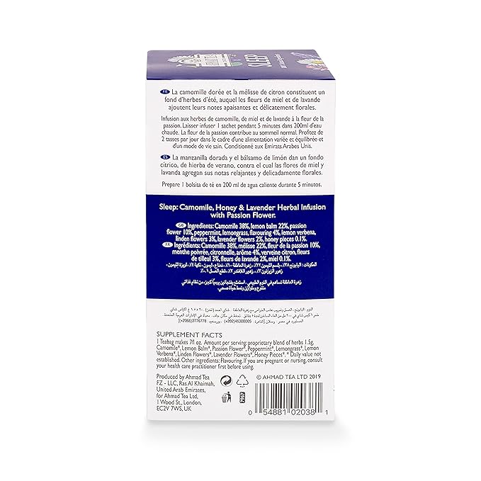 Ahmad Tea Herbal Tea Camomile Honey &amp Lavender 'Sleep' Natural Benefits Teabags 20 ct (Pack of 6) - Decaffeinated &amp Sugar-Free