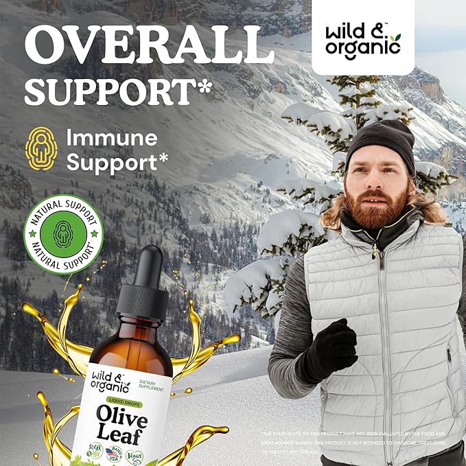 Wild &amp Organic Olive Leaf Extract Liquid Drops - Immune &amp Antioxidant Support - Oleuropein Olive Leaf Supplement - Add to Tea Tincture - Vegan Sugar &amp Alcohol-Free - 2 fl oz