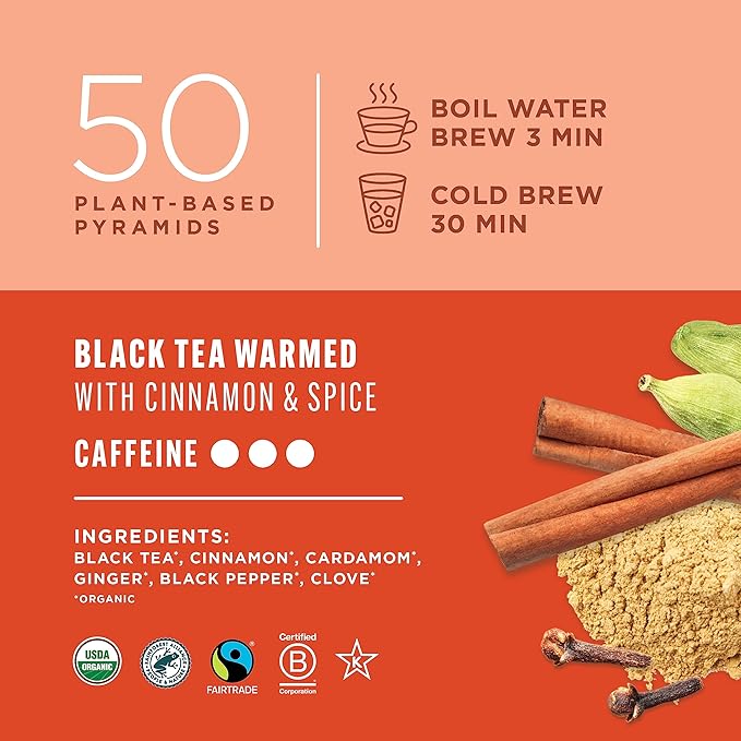 Teatulia Organic Masala Chai Tea Bags (50 Pyramid Sachet Teabags) Premium Whole Leaf. Compostable &amp Sustainably Grown In Bangladesh. Black Tea Cinnamon Cardamom Ginger Root Black Pepper Clove