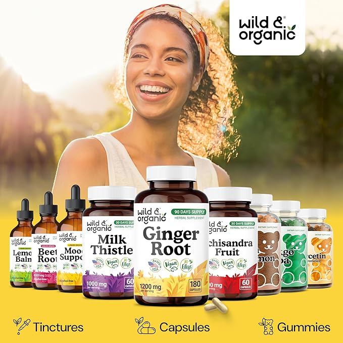 Wild &amp Organic Ginger Root Capsules 1200 mg - Immune &amp Digestive Support - Ginger Root Supplement - Zingiber Officinale Powder - 90 Days of Supply - Vegan No Fillers Non-GMO - 180 Count