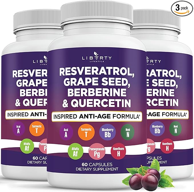 Resveratrol Berberine Grape Seed Extract Quercetin Polyphenol Supplement for Women and Men with Noni Extract N-Acetyl Cysteine Acai Extract (180 Count)
