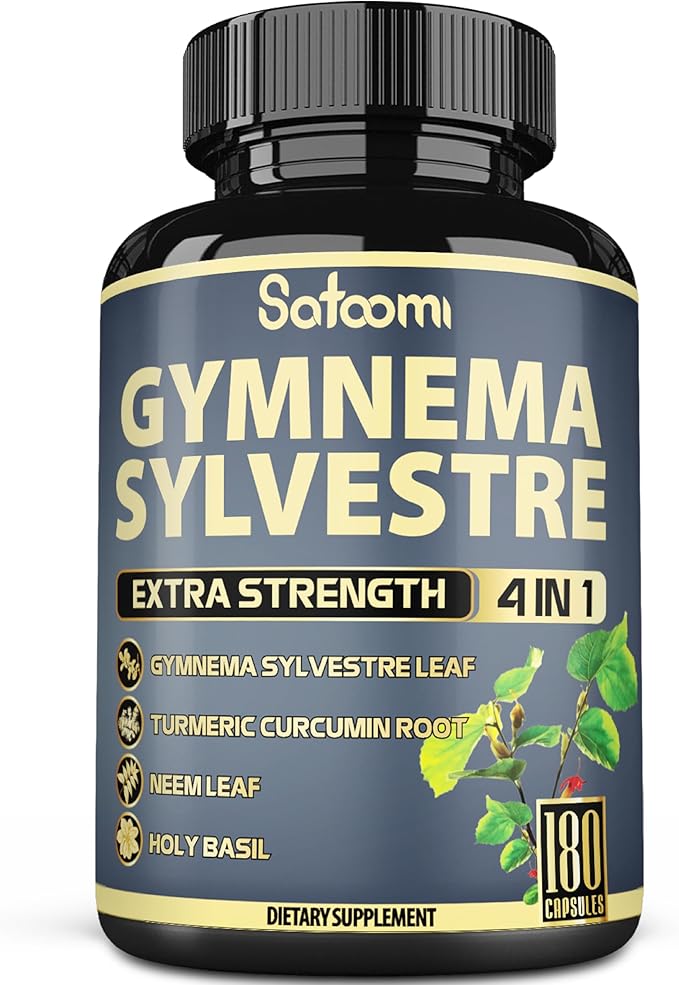 Satoomi Pure Gymnema Sylvestre Capsules Extract - 180 Capsules of 6 Month - Blended with Neem Leaf Holy Basil &amp Turmeric Curcumin Root