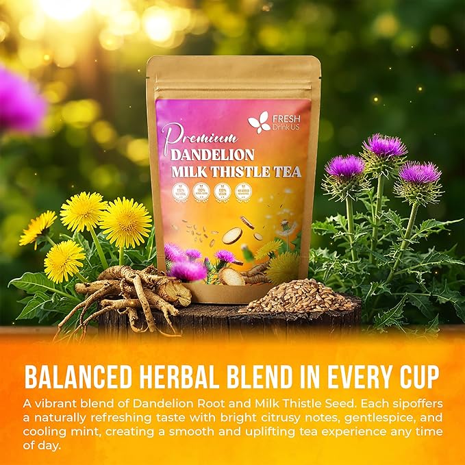 FreshDrinkUS Premium Dandelion Milk Thistle Herbal Tea | 135 Tea Bags | Herbal Blend with Dandelion Root &amp Milk Thistle Seed – Clean Plant-Based Daily Tea Naturally Caffeine Free. Sugar Free. Ve