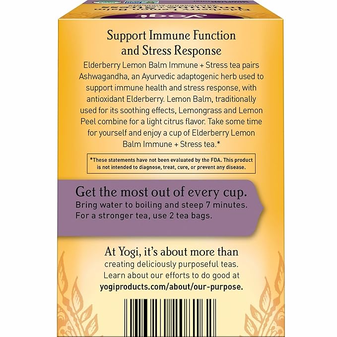 Yogi Tea Elderberry Lemon Balm Immune &amp Stress Tea - 16 Tea Bags per Pack (6 Packs) - Organic Immune Support Tea - Includes Ashwagandha Root Lemon Balm Leaf Lemongrass Licorice Root &amp More.