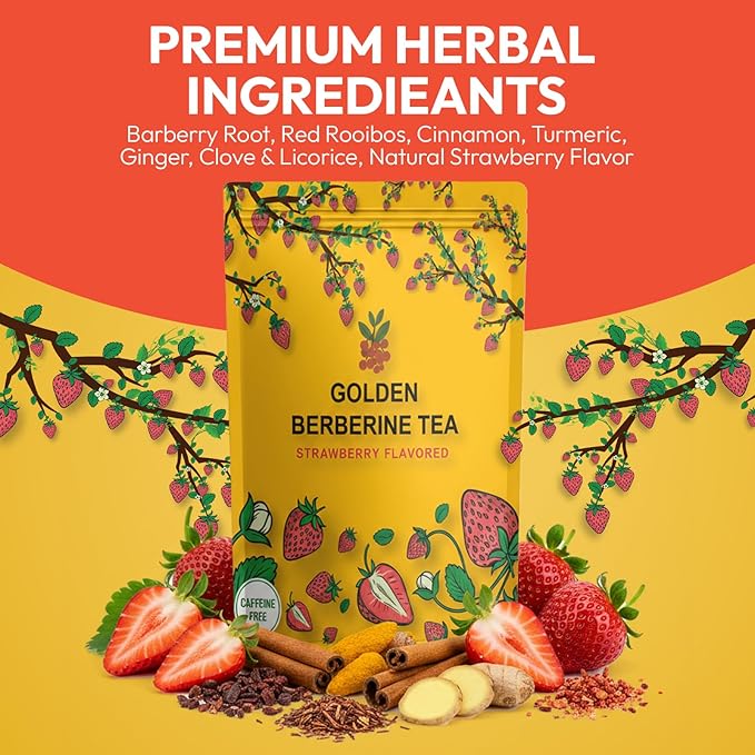 Berberine Tea 45g Natural Organic Caffeine-Free Blend Non-GMO Herbal in Plastic-Free Stand Alone Pouch Delicious Antioxidant for Immune Support (Strawberry)
