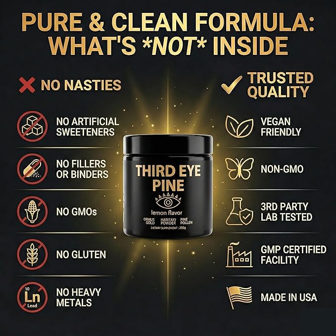 Third Eye Pine Powder Haritaki Pine Pollen &amp Ormus 24k Gold Monoatomic | Wild Harvest Broken Cell Wall non-GMO Vegan | Supports Detoxification Pineal Gland Decalcification