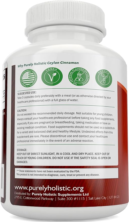 Purely Holistic Ceylon Cinnamon Capsules 1500mg 225 Vegan Cinnamon Capsules 75 Day Supply (25% More Servings) True Sri Lankan Ceylon Cinnamon Supplement