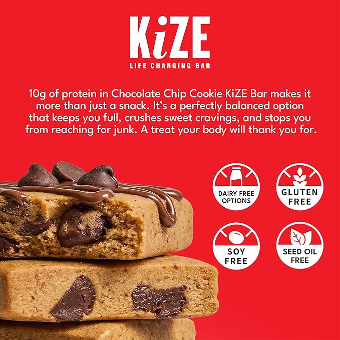 KiZE Energy Bars - Chocolate Chip Cookie - Almond Butter-Based Gluten Free Dairy Free NON-GMO - 10g High Protein Snacks High Protein Meal Replacement Energy Bars Clean and Simple Food (10 Count)