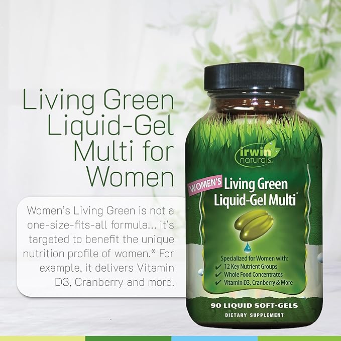 Irwin Naturals Women’s Living Green Liquid-Gel Multi - Whole Food Multivitamin for Women with 70 Nutrients Omega Oils &amp Greens Blend - Liquid Soft-Gels with BioPerine® for Absorption - 120 Count