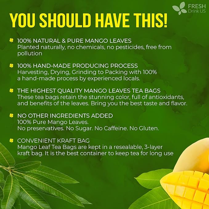 FreshDrinkUS Premium 100 Mango Leaf Tea Bags Hojas de Mango secas 100% Natural &amp Pure Loose Leaf Herbal Tea. Non GMO No Sugar No Caffeine No Gluten Vegan