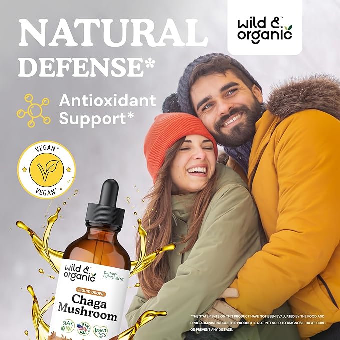 Wild &amp Organic Chaga Mushroom Drops - Immune Support with Chaga Extract - Liquid Mushroom Supplement for Immunity - Vegan Sugar &amp Alcohol-Free Tincture - 4 fl oz