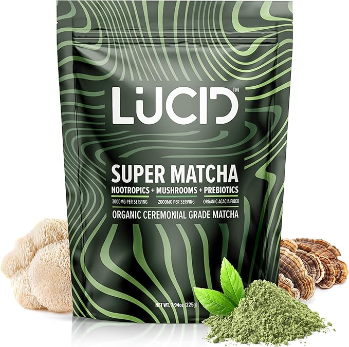 Lucid Superfood Organic Mushroom Matcha with Nootropics - Lion's Mane Tremella Cordyceps &amp Turkey Tail - Instant Mushroom Matcha Focus Brain Health - Alpha GPC L-Theanine Ginko Biloba - USA Ma