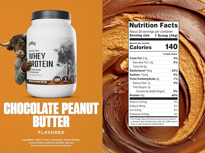 Levels Grass Fed Whey Protein Powder No Artificials 24G of Protein Chocolate Peanut Butter 2LB