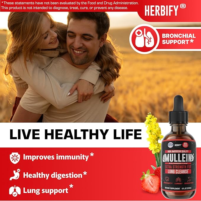 HERBIFY Mullein Drops - Lung Cleanse - Leaf Extract - Powerful Mullein for Immune Support Detox &amp Respiratory Support - Made in USA - 4 Oz Strawberry Flavor