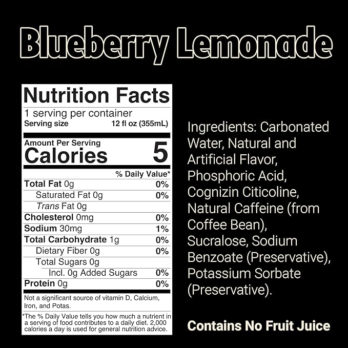 BUM Sugar-Free Energy Drink Blueberry Lemonade - Lightly Carbonated &amp No Artificial Colors Natural Caffeine &amp Citicoline for Energy &amp Focus Brain Boost &amp Workout Sports Beverage - 1