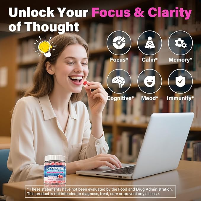 L Tyrosine Gummies 1200mg L-Tyrosine L Theanine Gummies Supplement for Adults with Magnesium Glycinate GABA Vitamin B6 D3 &amp C for Calm &amp Focus -- Brain Supptements for Memory Mood &amp R