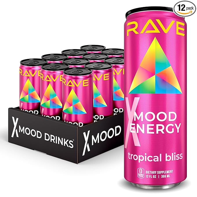 RAVE Mood Energy Drink is Mind Blowingly Different. With Mood-Boosting Functional Mushrooms Nootropics Adaptogens &amp B Vitamins. Experience Mind &amp Body Rush! 225mg Caffeine - Electrolytes - Z