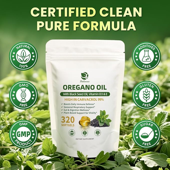 5-IN-1 Oil of Oregano with Black Seed Oil 99% Carvacrol | Thymoquinone 320 Count Organic Oregano Oil Capsules  Vitamin D3/E/Black Pepper for Absorption Supports Immune/Gut/Respiratory Non-GMO
